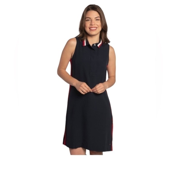NWT TOMMY HILFIGER Sleeveless Dress Navy Blue with Red White Stripes Size XXS - Picture 1 of 14